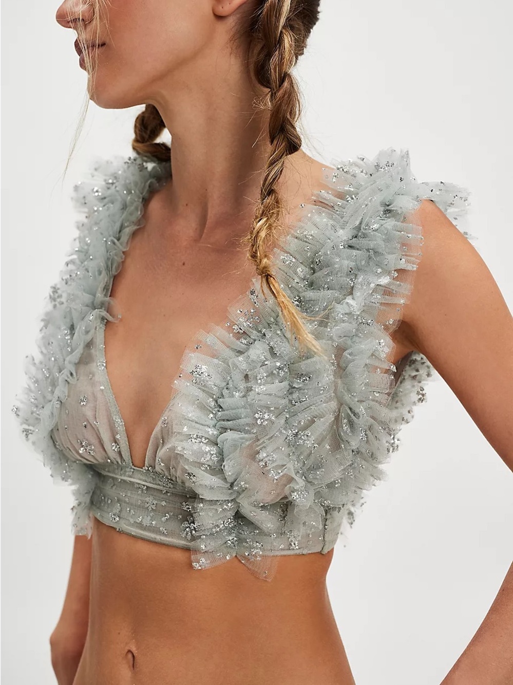 NWOT Free People sosha silver mint Ruffled Tulle Crop Top